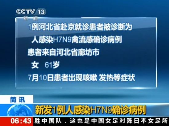 河北廊坊赴京女患者确诊感染H7N9禽流感